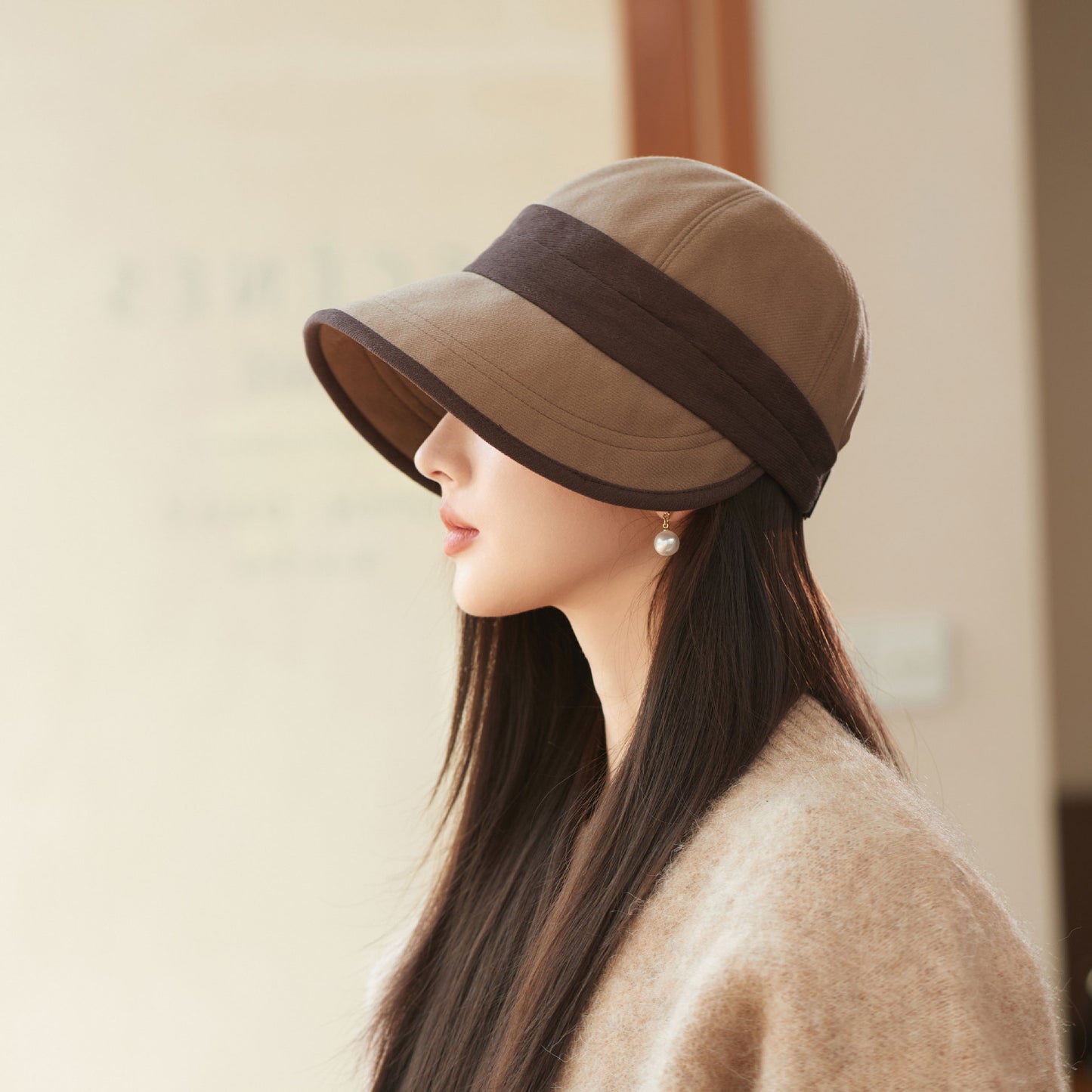 Coffee Elegant Warm Bucket Hat - Minimalist Color Block Design, Face-Slimming Style for Autumn & Winter