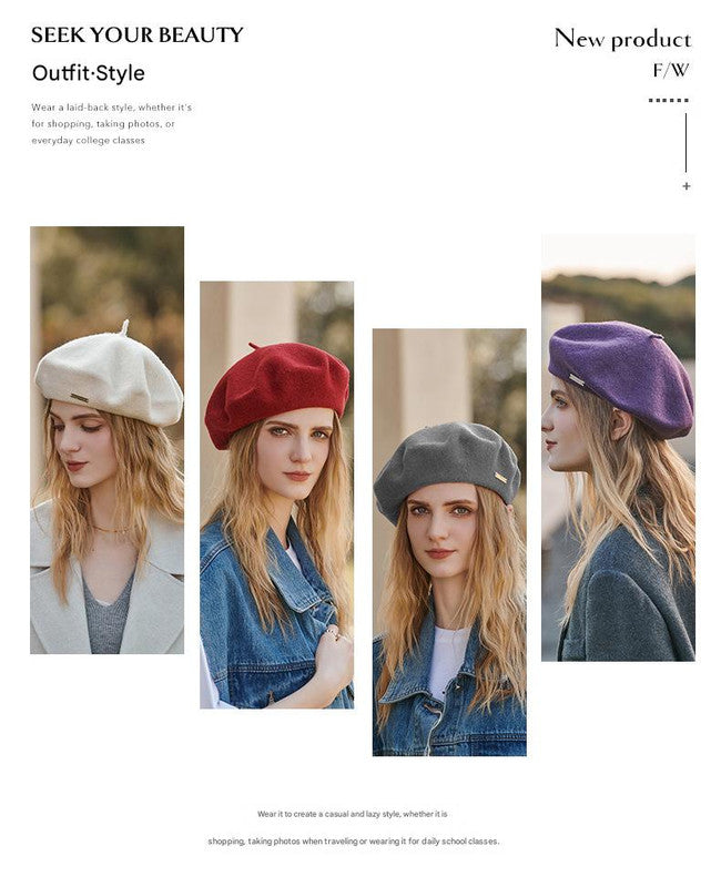 Red Elegant Wool Beret - Classic Warm Thick British Style Hat for Autumn & Winter