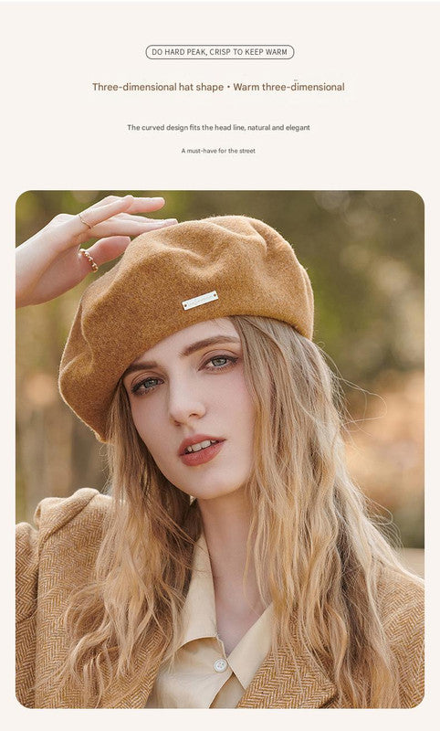 Khaki Elegant Wool Beret - Classic Warm Thick British Style Hat for Autumn & Winter