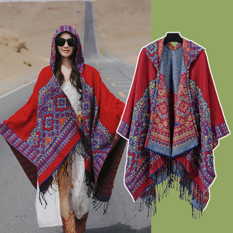 Red Soft Faux Cashmere Poncho Cape - Oversized Winter Shawl Wrap (130x150cm)