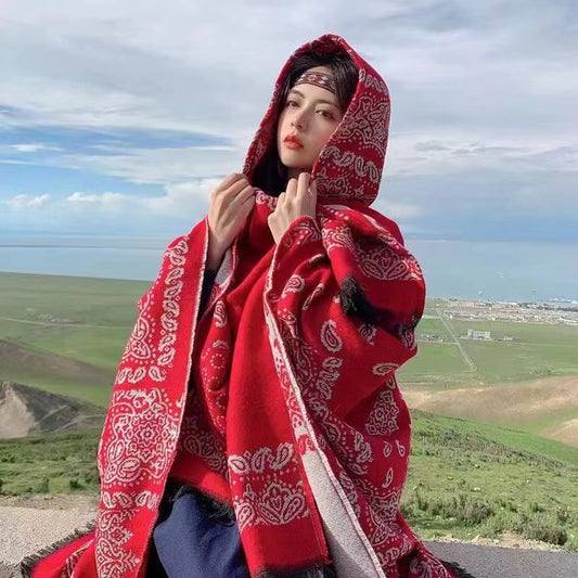 Cashew Red Soft Faux Cashmere Poncho Cape - Oversized Winter Shawl Wrap (130x150cm)