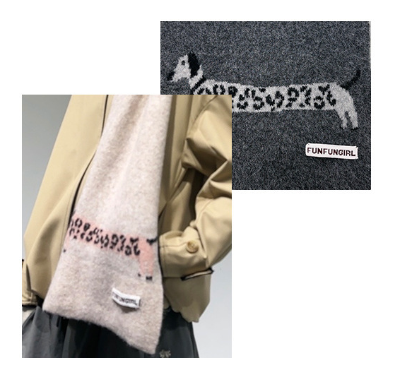 Red Cute Korean-Style Wool Scarf with Dog Design - Unisex Knitted Winter Neck Wrap