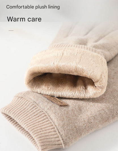 Beige Elegant Women's Wool Blend Winter Gloves - Cozy Fleece-Lined Touchscreen Warmth