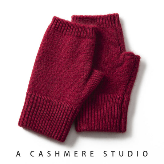 Red Color Block Cashmere Fingerless Gloves for Women Autumn Winter Outdoor Cold Protection Warm Knitted Gloves