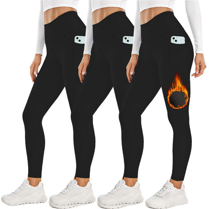 Size M Black Women's Mid Waist Plush Leggings with Pockets - Autumn and Winter Leggings with Pockets