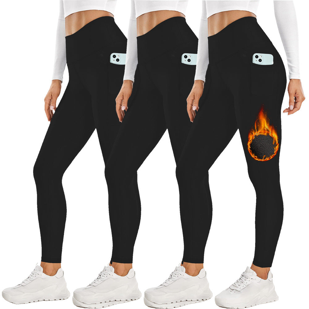 Size XL Black Women's Mid Waist Plush Leggings with Pockets - Autumn and Winter Leggings with Pockets