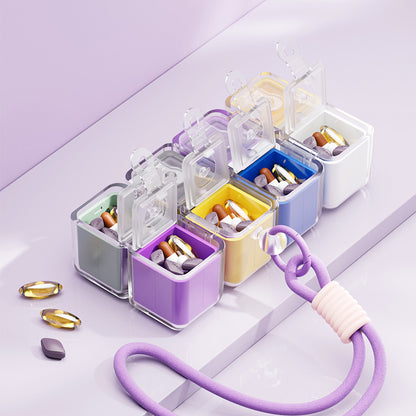Colorful Portable Magnetic Cube Pill Organiser - 8 Compartment Weekly Medicine Travel Case with Lanyard - Detachable Washable PP+PC Storage