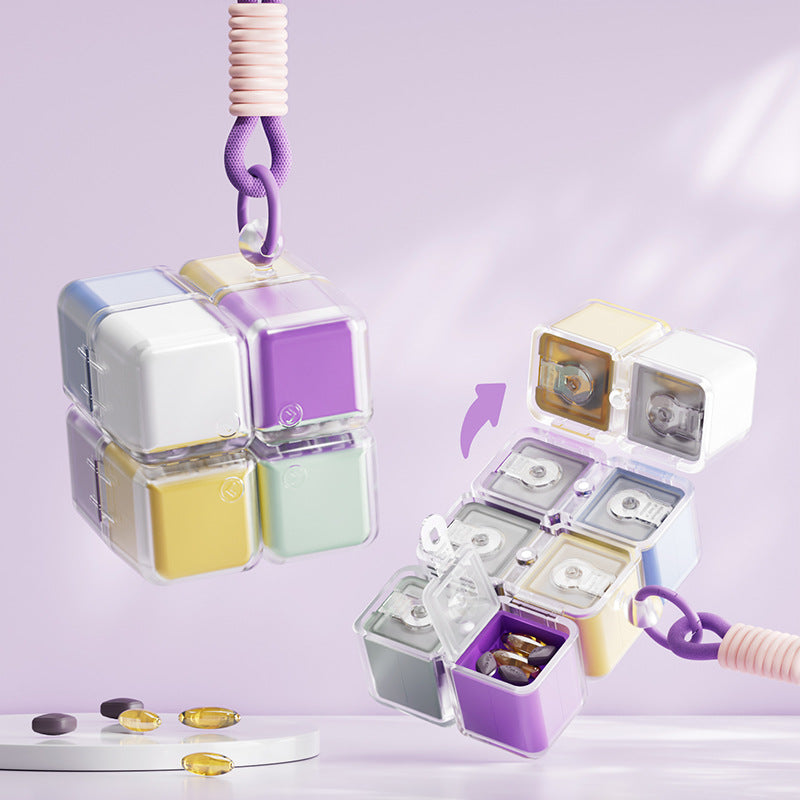 Green Portable Magnetic Cube Pill Organiser - 8 Compartment Weekly Medicine Travel Case with Lanyard - Detachable Washable PP+PC Storage