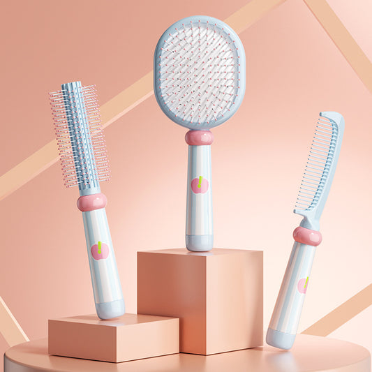 Blue 3-Piece Aesthetic Hair Brush Set - Detangling Air Cushion & Volumising Roller Comb with Hidden Cleaning Claw - Scalp Massage Styling Kit