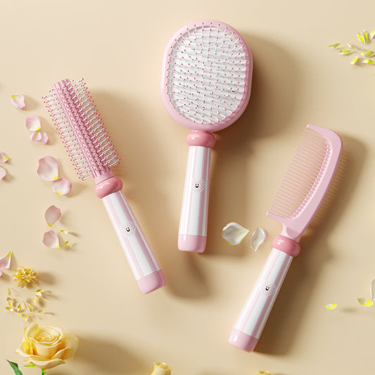 Pink 3-Piece Aesthetic Hair Brush Set - Detangling Air Cushion & Volumising Roller Comb with Hidden Cleaning Claw - Scalp Massage Styling Kit