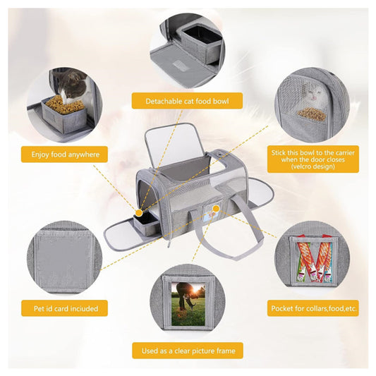 Grey Large Cat & Small Dog Carrier - Soft-Sided, Foldable & Breathable Pet Travel Bag (43x30x28 cm)