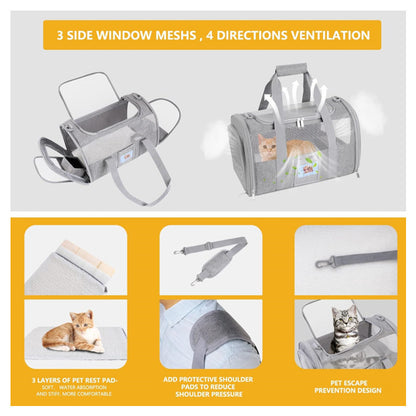 Grey Large Cat & Small Dog Carrier - Soft-Sided, Foldable & Breathable Pet Travel Bag (43x30x28 cm)