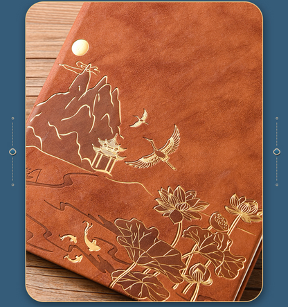 Green A5 Premium Notebook Gift Set with Pen - Red PU Leather Journal with Gold Oriental Art - 200 Pages Business Diary & Corporate Gift Box (Lotus & Crane Design)