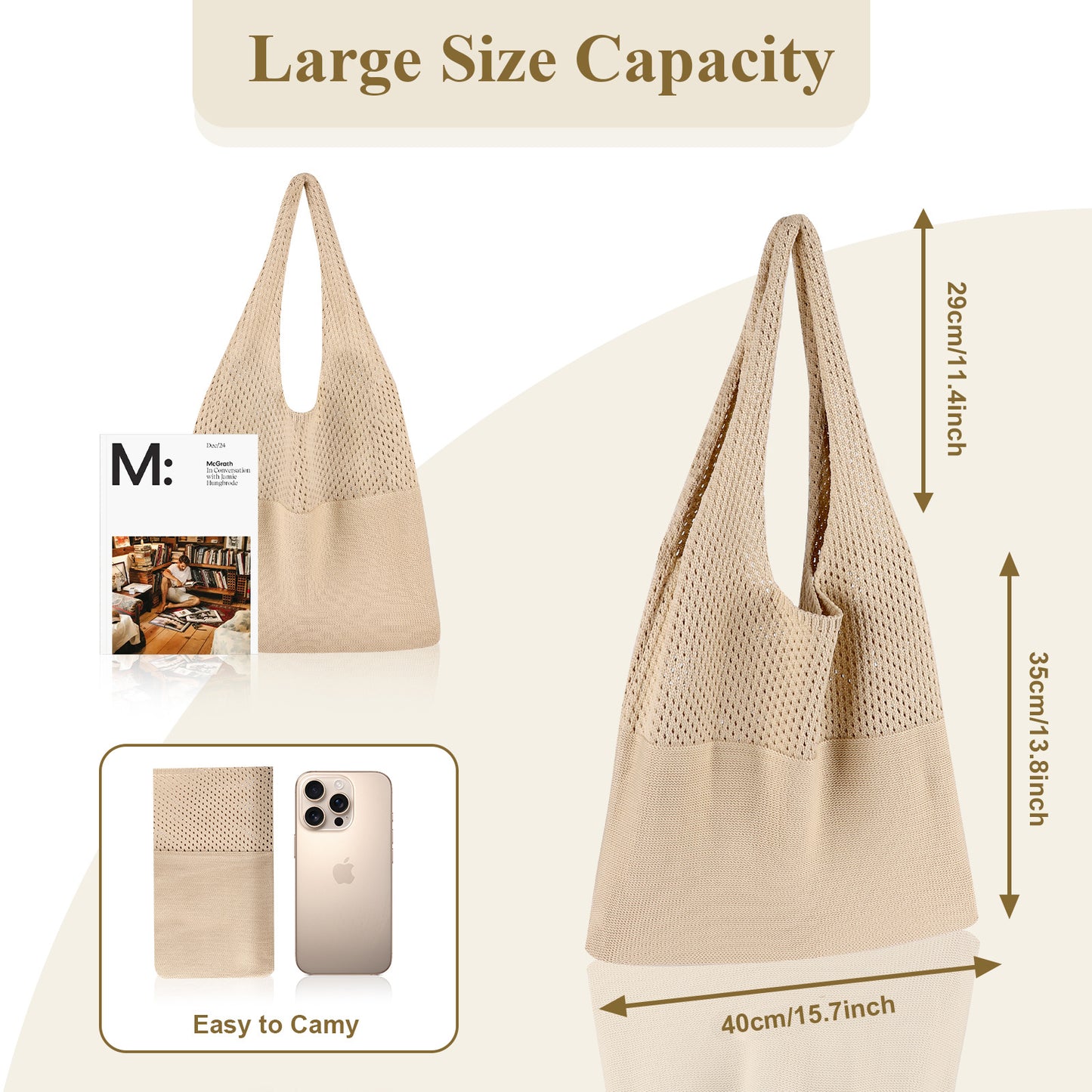 White Women's Large Mesh Beach Tote Bag Boho Crochet Shoulder Shopper Reusable Eco Grocery Net Bag for Summer Travel and Markets
