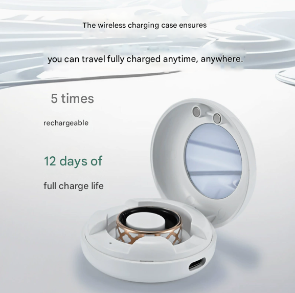 10# Striped Gold Smart Health Ring Tracker with Wireless Charging Case - Titanium Steel Fitness Wearable for Heart Rate, Sleep & Blood Oxygen Monitoring - Waterproof Wellness Device