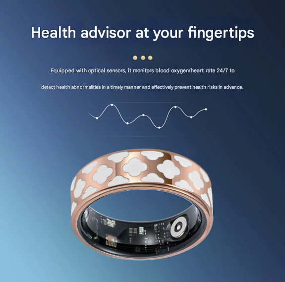 11# Striped Gold Smart Health Ring Tracker with Wireless Charging Case - Titanium Steel Fitness Wearable for Heart Rate, Sleep & Blood Oxygen Monitoring - Waterproof Wellness Device