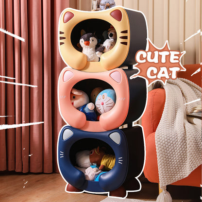 Blue Cute Cat-Themed Stackable Storage Bin - Multi-purpose Pet Bed & Toy Organizer
