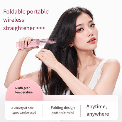 Pink Portable Foldable Cordless Hair Straightener Comb - 2-in-1 Ionic Styling for Smooth, Frizz-Free Hair