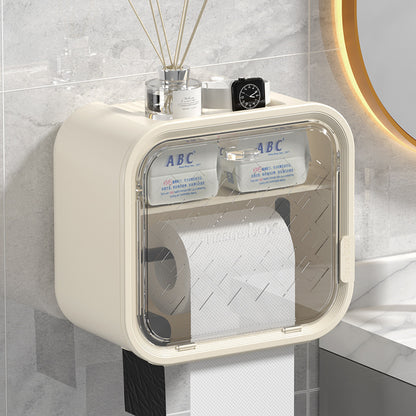 White Wall Mounted Dual Layer Bathroom Tissue Box Holder with Storage Drawer Waterproof Dispenser for Toilet Paper and Tissues