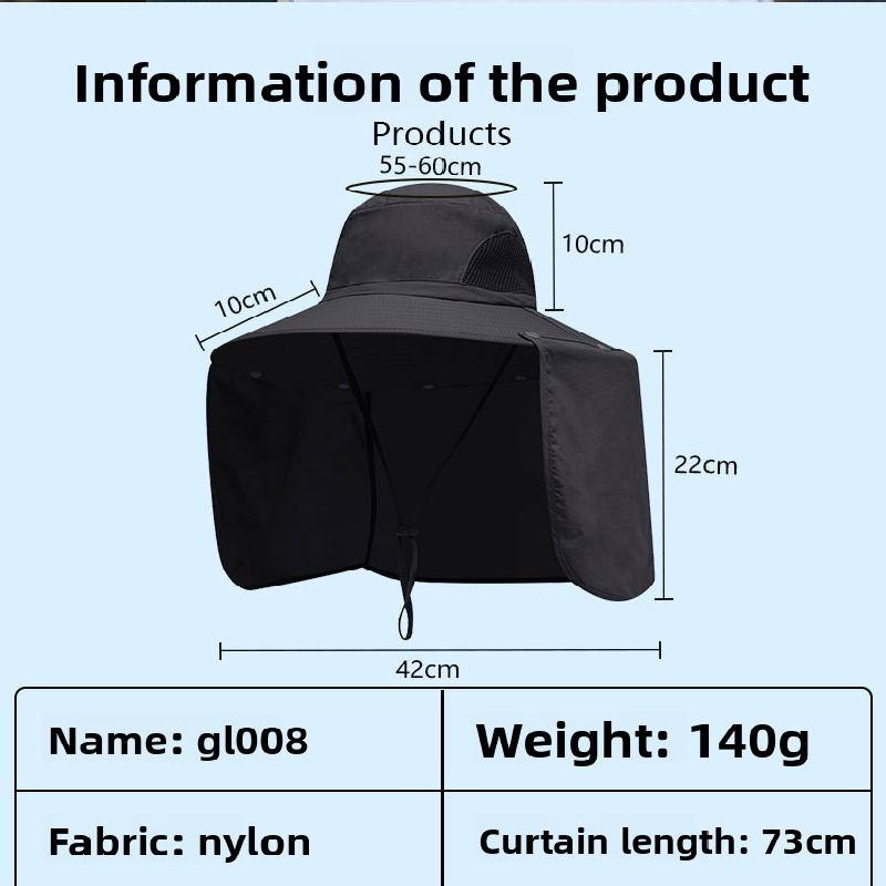 Black UPF 50+ Sun Protection Fishing Hat Wide Brim Neck Flap Quick Dry Bucket Hat for Outdoor Hiking and Gardening