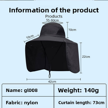 Black UPF 50+ Sun Protection Fishing Hat Wide Brim Neck Flap Quick Dry Bucket Hat for Outdoor Hiking and Gardening