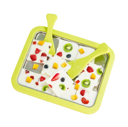 Green DIY Rolled Ice Cream Maker Pan Instant Frozen Yoghurt & Sorbet Tray 304 Stainless Steel No Electricity Required with Spatulas