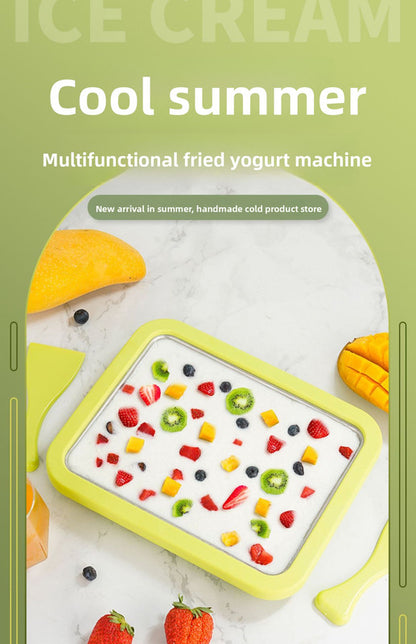 Green DIY Rolled Ice Cream Maker Pan Instant Frozen Yoghurt & Sorbet Tray 304 Stainless Steel No Electricity Required with Spatulas