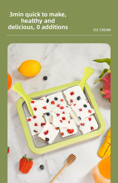 Green DIY Rolled Ice Cream Maker Pan Instant Frozen Yoghurt & Sorbet Tray 304 Stainless Steel No Electricity Required with Spatulas