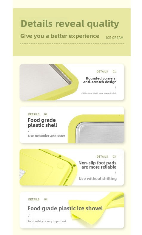 Green DIY Rolled Ice Cream Maker Pan Instant Frozen Yoghurt & Sorbet Tray 304 Stainless Steel No Electricity Required with Spatulas