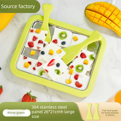 White DIY Rolled Ice Cream Maker Pan Instant Frozen Yoghurt & Sorbet Tray 304 Stainless Steel No Electricity Required with Spatulas