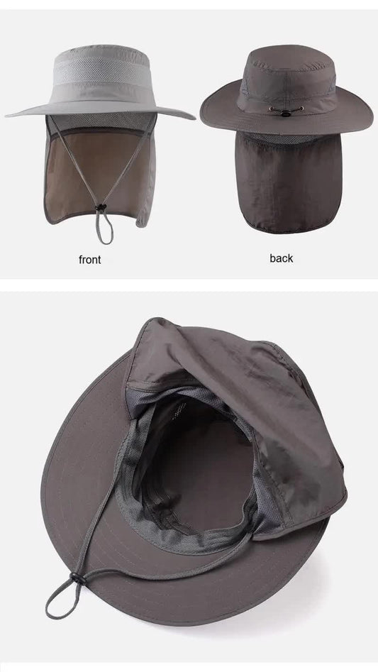 Wide Brim Sun Hat with Neck Flap UPF 50+ Protection Quick Dry Safari Cap Mesh Breathable for Fishing Gardening Hiking Outdoor Dark Grey