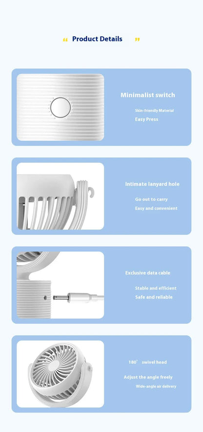 Portable Turbo Fan 3-in-1 Mini Handheld Desk Fan Rechargeable Personal Cooling Device with Neck Lanyard 180 Degree Adjustable Head Quiet Wind White