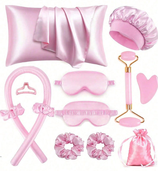 12-Piece Heatless Hair Curler Set for Damage-Free Curls & Comfortable Sleep - Soft Sponge Sleep-In Rollers for DIY Styling (Pink)