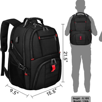Black 50L Extra Large Laptop Backpack with USB Charging Port - Waterproof Oxford Fabric Travel & Business Bag, Fits up to 16-inch Laptops