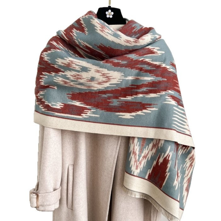 Black New Style Buttoned Shawl – Double-Sided Winter Scarf with Ethnic Pattern, Faux Cashmere Feel for Travel and Fashion