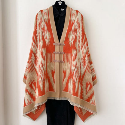 Orange New Style Buttoned Shawl – Double-Sided Winter Scarf with Ethnic Pattern, Faux Cashmere Feel for Travel and Fashion
