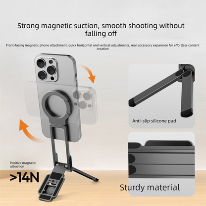 Silver Portable Magnetic Phone Mount with MagLock - Multi-Functional Foldable Tripod Stand for Desktop, Travel & Vlogging, Strong Dual Magnet Design for iPhone & Android