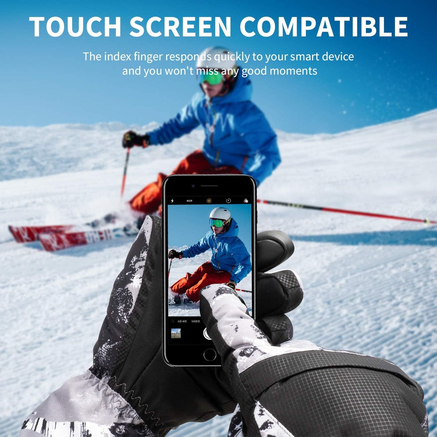 1-Pair Winter Waterproof Touchscreen Ski Gloves - Anti-Slip Thermal Mitts for Men & Women (Black Graffiti Print)