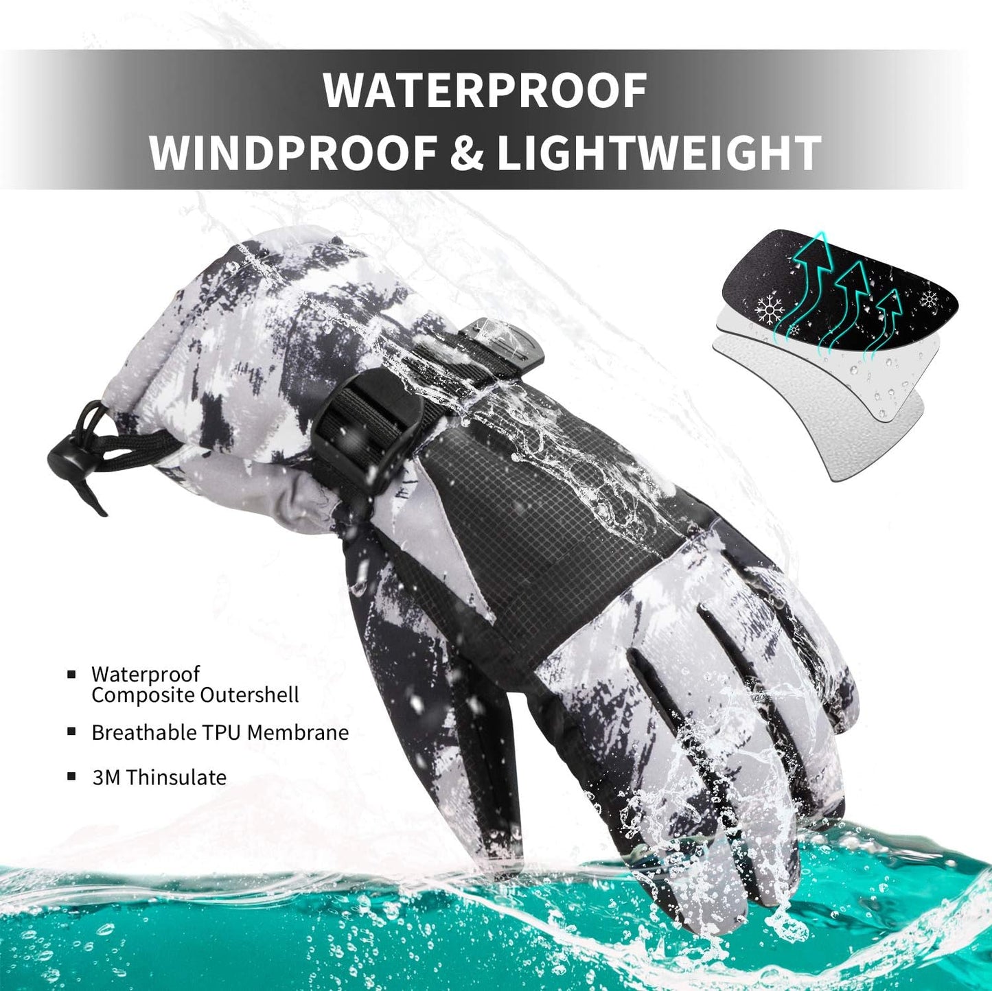 1-Pair Winter Waterproof Touchscreen Ski Gloves - Anti-Slip Thermal Mitts for Men & Women (Pink Graffiti Print)
