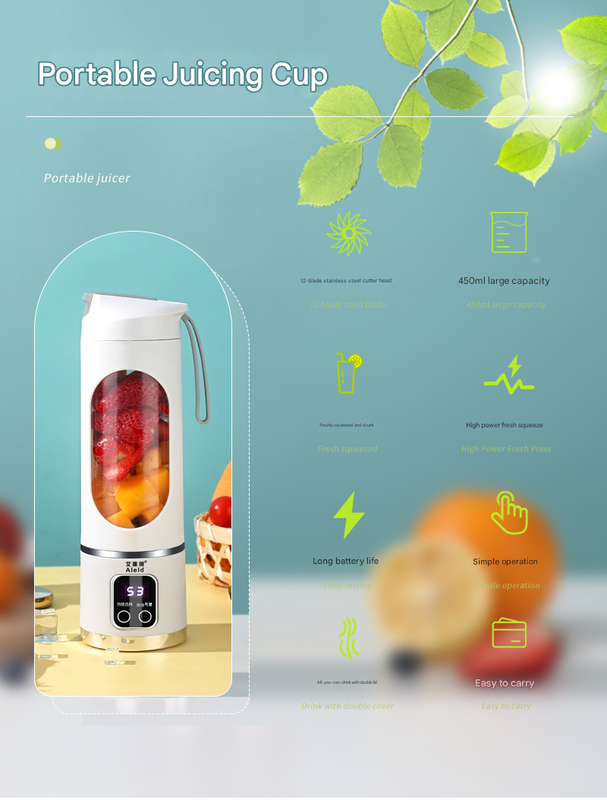 Green 7.4V Portable Blender Smoothie Maker 450ml Wireless Rechargeable Juicer Cup with 12-Blade Stainless Steel Cutter, LED Digital Display, USB Charging Personal Blender for Travel Gym Office Home