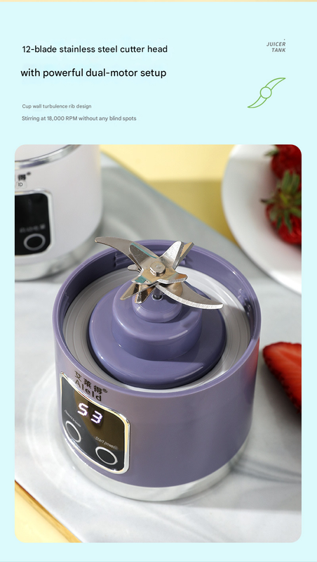 2-piece Purple and Green 7.4V Portable Blender Smoothie Maker 450ml Wireless Rechargeable Juicer Cup with 12-Blade Stainless Steel Cutter, LED Digital Display, USB Charging Personal Blender for Travel Gym Office Home