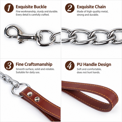 Metal Chain Dog Leash (Brown)- Heavy Duty Pet Lead with Swivel Clip and Soft PU Handle, Durable Chew-Resistant Chain for Daily Dog Walking and Outdoor Use