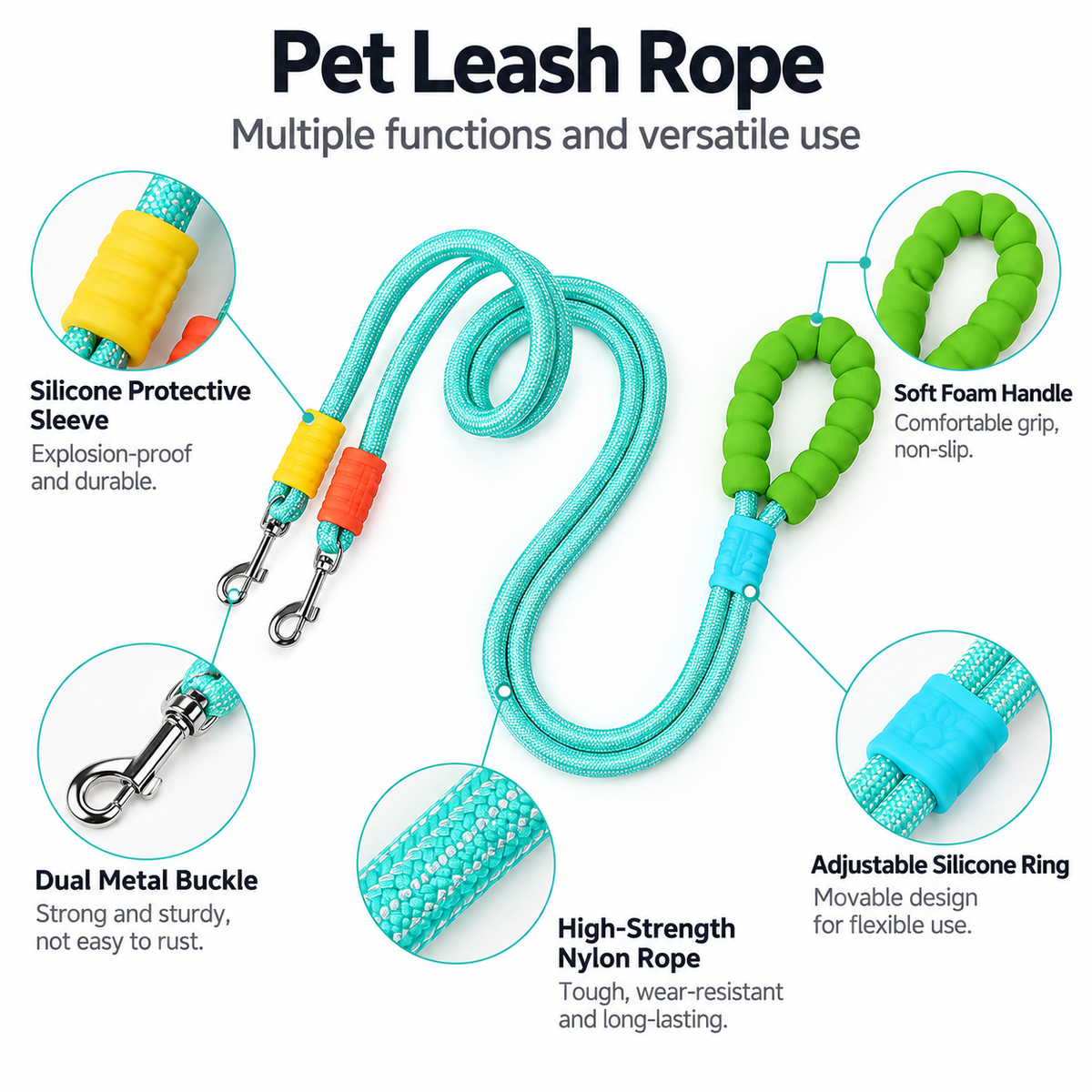 Green Multi-Function Double Dog Leash - 1.8 m Single Leash or 1.2 m Dual Leash, Nylon Rope with Padded Handle and Dual Metal Clips for Dog Walking