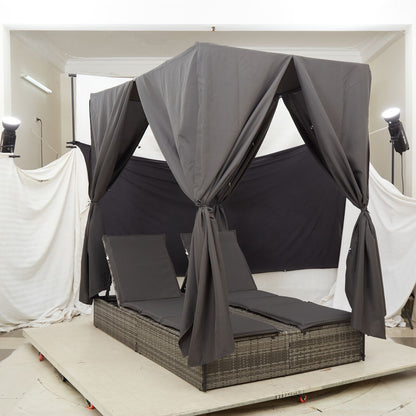 Double Sun Lounger With Roof Grey 205 X 129 X 200 Cm Pe Rattan